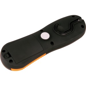 Lampe de travail COB noire et orange avec crochet et aimant pour une utilisation flexible.