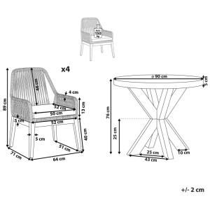 Dessin technique du salon de jardin Beliani Olbia. Table ronde et 4 chaises avec dimensions et capacité de 150kg.