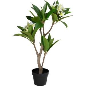 Pianta artificiale Frangipani (90 cm) con fiori bianchi in vaso nero per interni.
