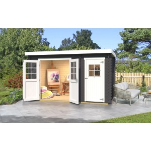Moderna casetta da giardino Weka 254 antracite con porte e finestre aperte.