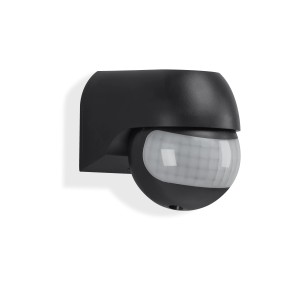 Rilevatore di movimento nero per montaggio a parete, ideale per esterni.
