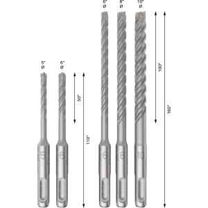 Set di punte per martello perforatore Bosch Pro SDS Plus-5X, 5 pezzi, in argento. Punta per pietra con testa in carburo di tungsteno e 4 scanalature a spirale.