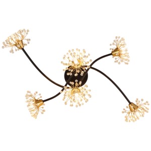 Moderna plafoniera LED Fiore nero opaco con fiori di cristallo ed elementi color oro.