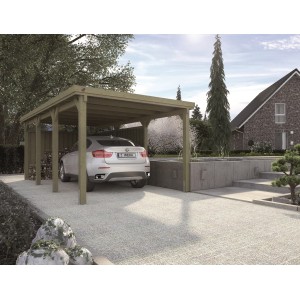 Carport a tetto piatto Weka 617 con lamiera trapezoidale e auto. Carport singolo stabile in legno con tetto piatto.