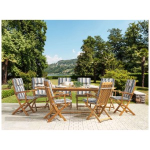 Salon de jardin Maui 9 p. en bois d'acacia marron avec table ovale extensible, 8 chaises pliantes et coussins rayés.