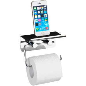 Porta carta igienica Wenko con ripiano per smartphone in acciaio inox lucido, con carta igienica e smartphone.