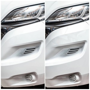 Avant/Après : Caravane avec polish Sonax, entretien auto pour peinture brillante.