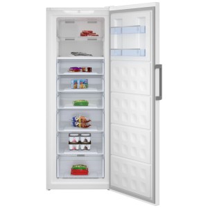 Congélateur armoire Beko blanc 404 l, porte ouverte, avec tiroirs transparents, No-Frost et aliments congelés.