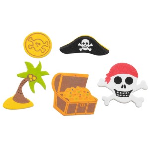 Moosgummisticker Piraten Set: Schatz, Totenkopf, Palme, Münze, Piratenhut für Bastelarbeiten.