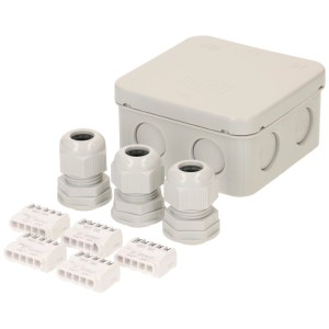 Set scatola di derivazione grigia IP68 con riempimento in gel, morsetti e pressacavi per cavi per ambienti umidi.