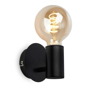 Applique murale noire Brilo style rétro avec douille E27 et ampoule blanc chaud.