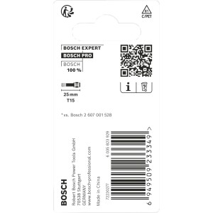 Retro della confezione Bosch T15 Impact Control punte avvitatore 2 pezzi. Dettagli T15, 25mm, robustezza per avvitatori a impulsi.