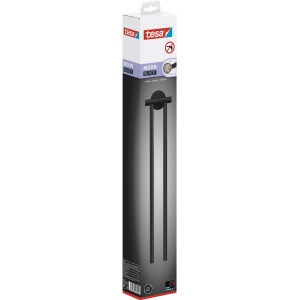 Verpackung des Tesa Moon Black Handtuchhalters mit 2 Armen in Schwarz Matt, inklusive Klebelösung.