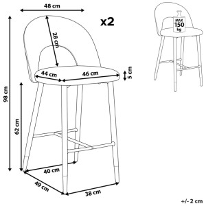 Image du tabouret de bar Beliani Falton, lot de 2, velours noir, avec dimensions.