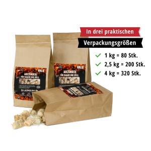 Allume-feu Valo en trois tailles d'emballage (1kg, 2,5kg, 4kg) en sac papier pour cheminée et barbecue.