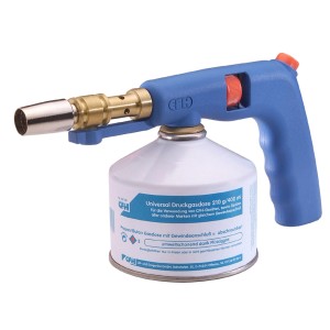 Saldatore a mano Piezo Compact con impugnatura blu e cartuccia di gas. Strumento per il fai da te.