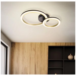 Plafonnier LED dimmable Calliera d'Eglo, noir/laiton, 2 pièces. Forme d'anneau moderne, lumière blanche chaude.