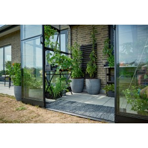 Serra Halls Qube Lean-to 68, nera, 4,7 m², con piante ed erbe aromatiche.