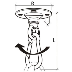 Disegno tecnico: Piastra a soffitto per sedia sospesa, zincata, con moschettone e dimensioni.