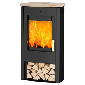 Poêle Fireplace Tuvalu noir avec habillage en grès et bois de chauffage.