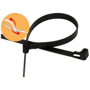 Collier de serrage noir réutilisable (200x7,5 mm) pour le regroupement flexible de câbles et de fils.