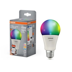 Lampadina LED Osram Matter E27 A100 RGBW, 14W, con confezione. Lampadina smart per luce colorata.