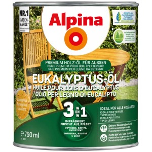 Alpina Eukalyptus-Öl 750ml für Holzpflege im Außenbereich, Dose mit Holzmöbeln im Hintergrund.