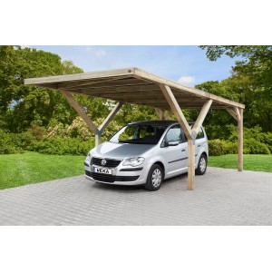 Carport singolo WEKA Mugello in legno trattato a pressione con auto. Tetto piatto, aspetto naturale.