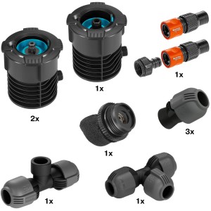 Gardena Start-Set Pipeline : boîte de raccordement, prises d’eau, soupape de drainage et accessoires pour systèmes d’arrosage.