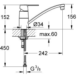 Dessin technique : Robinet de cuisine Grohe QuickFix Get Chrome, mitigeur monocommande avec dimensions.