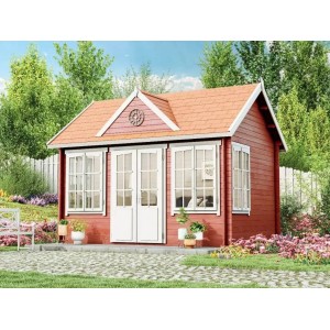 Image de la cabane de jardin Alpholz CLOCKHOUSE-28, une cabane de jardin en bois avec un toit à deux pentes rouge et blanc.