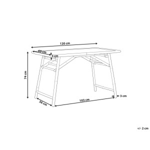 Schizzo: Tavolo da giardino Beliani Molise, bambù marrone chiaro, dimensioni 74x69x120 cm.