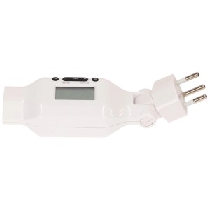 Max Hauri digitale Zeitschaltuhr Clip-Clap, weiße Hausfunksteuerung mit LCD-Display und drehbarem Stecker.