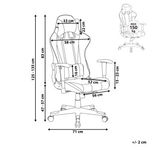 Schizzo di Beliani Gaming Chair Gamer, dimensioni: 125-135cm di altezza, 71cm di larghezza, capacità di carico max. 150kg.