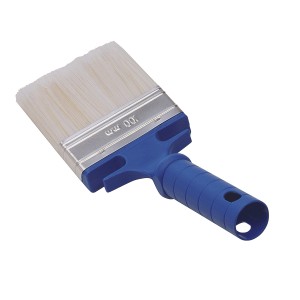 Pinceau de finition Knauf pour enduit avec manche bleu et tête de poils clairs.