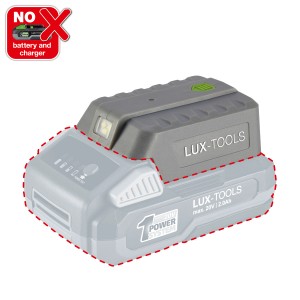 Adattatore batteria USB LUX 20 V con torcia LED (batteria non inclusa). Per caricare dispositivi mobili.