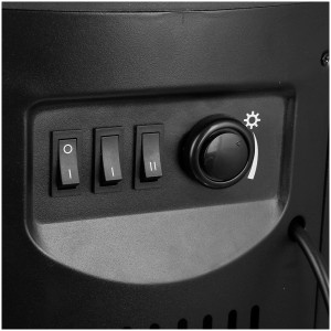 Detailansicht der Bedienelemente der Emerio Feuerstelle 2000 W: Schalter und Thermostat.