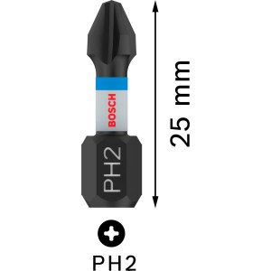 Punta per avvitatore Bosch Impact Control PH2, 25 mm, nera. Robusta punta per avvitatori a impulsi.
