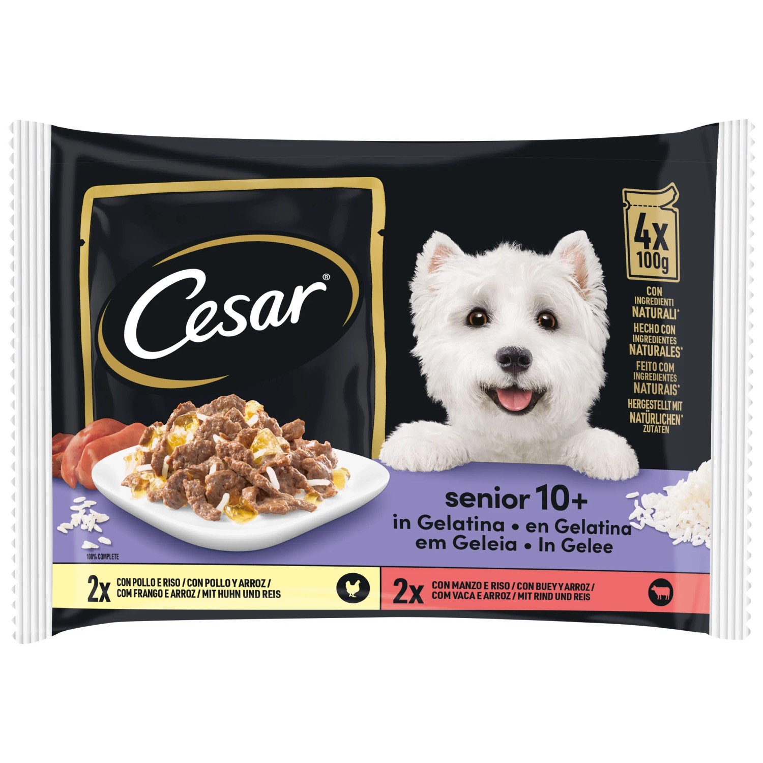 Cesar Hunde-Nassfutter Senior 10+ in Gelee Huhn / Rind mit Reis 100 g / 4  Stk.