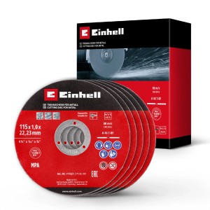 Lot de 5 disques à tronçonner fins Einhell, 115 mm pour métal. Disques et emballage.