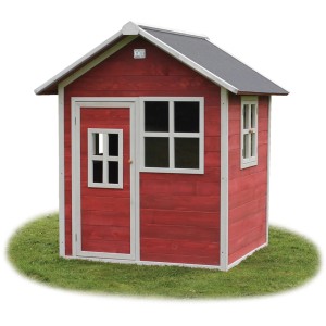 Maisonnette en bois rouge EXIT Loft 100 avec porte et fenêtres dans le jardin.