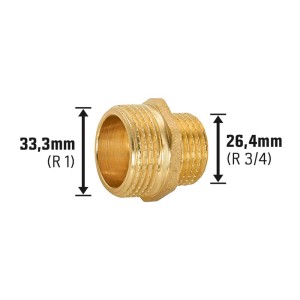 Nipplo riduttore filettato in ottone, 26,4 mm (R 3/4) x 33,3 mm (R 1) per raccordi filettati.
