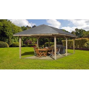 Weka Padiglione Oasi Giardino 651 B con tavolo, sedie e grill in giardino.