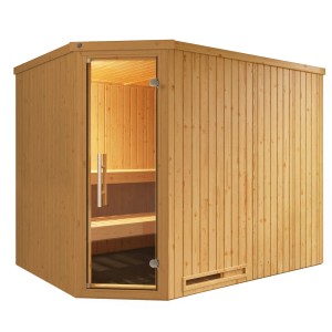 Sauna angolare Weka Varberg con porta in vetro, stufa e panche in legno di abete.