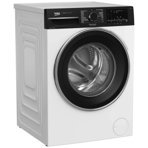 Lave-linge frontal Beko WM350, blanc, 9 kg, 1400 tr/min. Panneau de commande noir, porte ronde.
