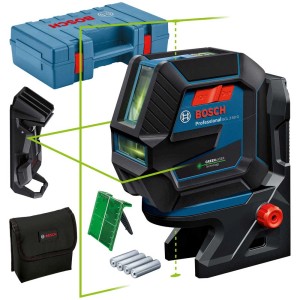 Niveau laser combiné Bosch Professional GCL 2-50 G avec accessoires et lignes laser vertes.