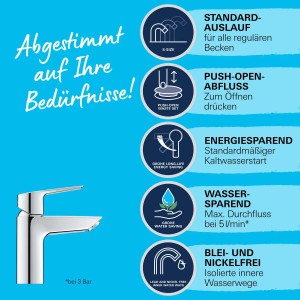 Miscelatore lavabo Grohe QuickFix Start S-Size, cromato, con funzione di risparmio energetico e note sulle caratteristiche del prodotto.
