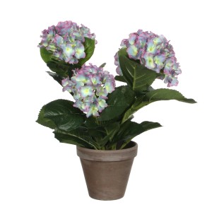 Ortensia artificiale viola (Ø 35 cm) in vaso di terracotta.