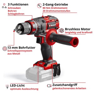 Trapano avvitatore a impulsi a batteria Einhell TP-CD 18/80 Li-i BL Solo con impugnatura supplementare e luce LED.