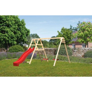 Balancelle double Karibu Felix avec toboggan rouge et structure d'escalade dans le jardin.